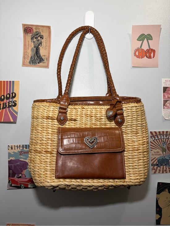 Handbags - Woven Straw Tote with Brown Leather Trim and Heart Accent